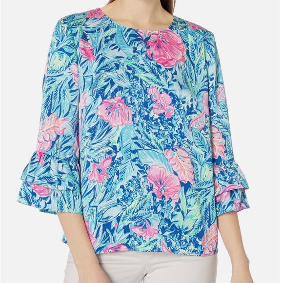 Lilly Pulitzer Tops - Lilly Pulitzer Christie Top Lapis Lazuli Sz Xl blue pink ruffle sleeve